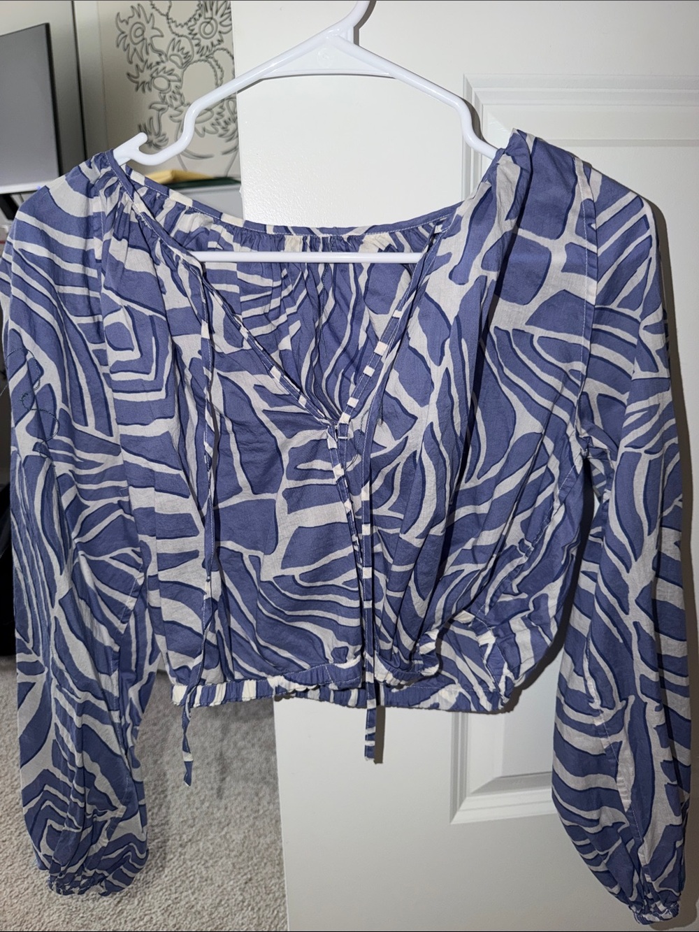 Women's Blue Abstract Print Peasant Top - Lightweight Long Sleeve